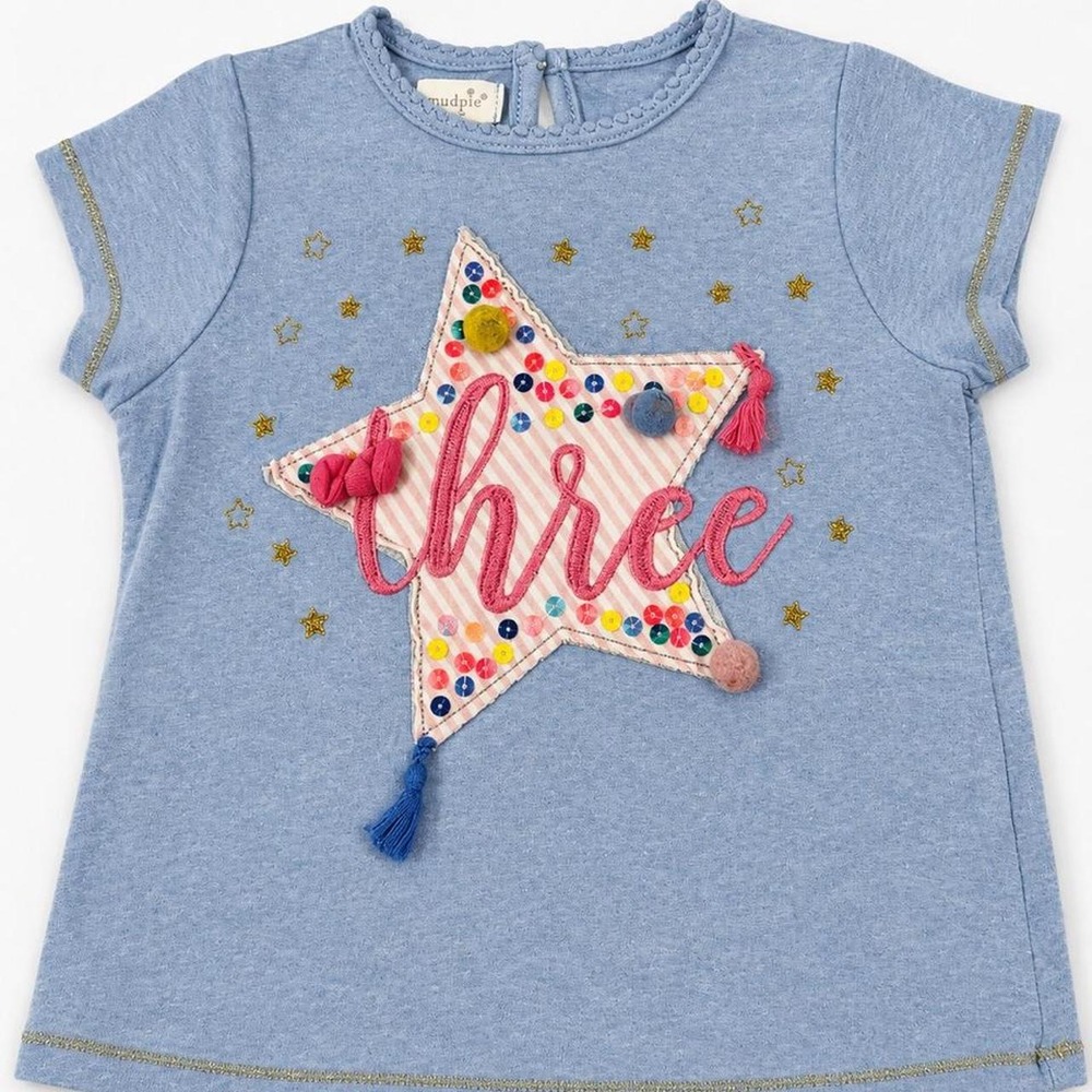 Mud Pie Blue Short Sleeve 'Three' Star Appliqué Tee
